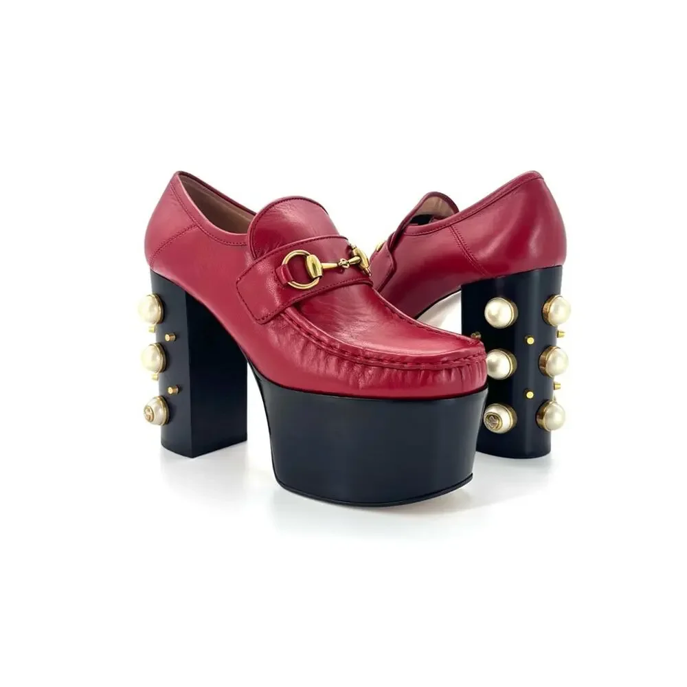 Gucci Vegas Pearl Horsebit Platform High Block Heel Loafers 37 - Picture 4 of 10